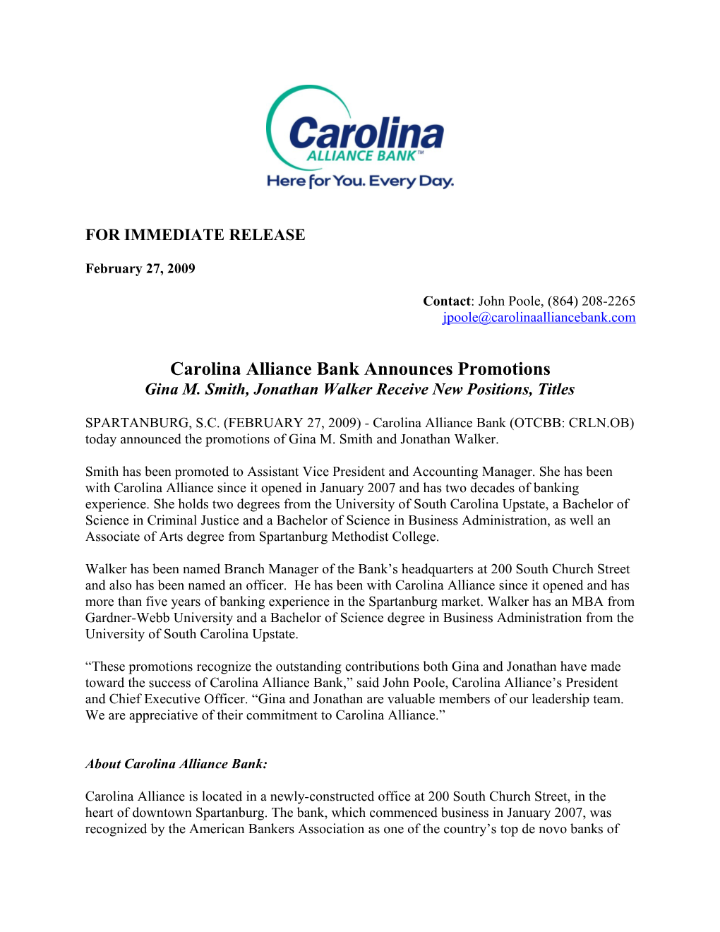Carolina Alliance Bank Announces Promotions