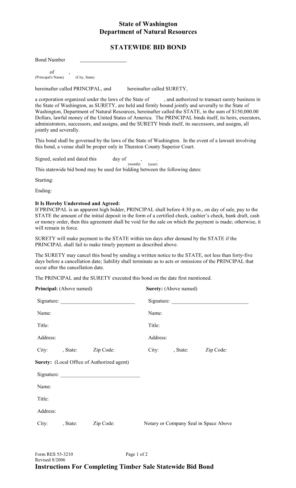 Timber Sale Statewide Bid Bond Form