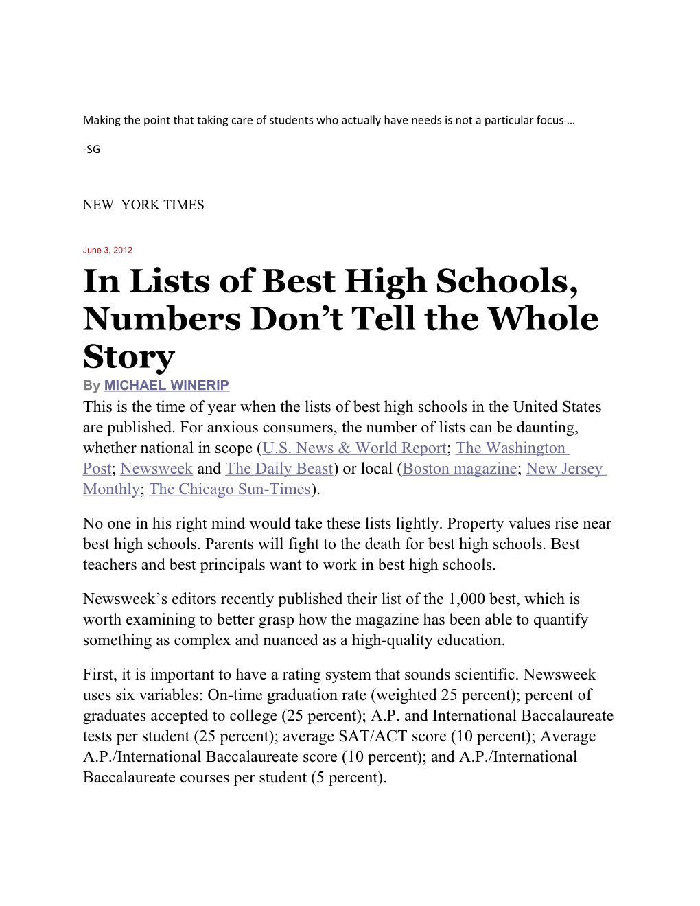 In Lists of Best High Schools, Numbers Don T Tell the Whole Story