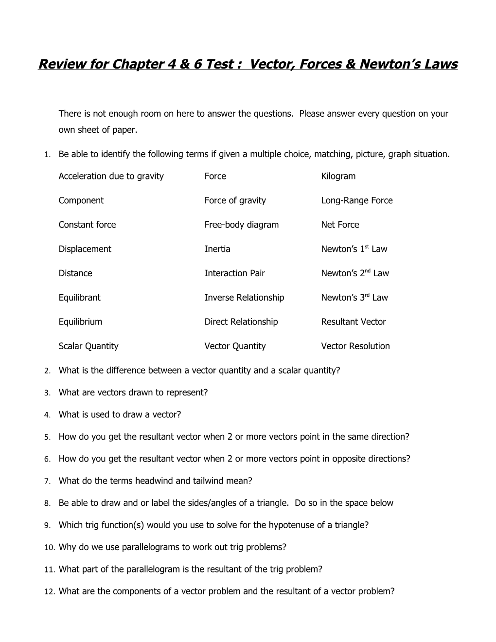 Review for Chapter 4 & 6 Test : Vector, Forces & Newton S Laws