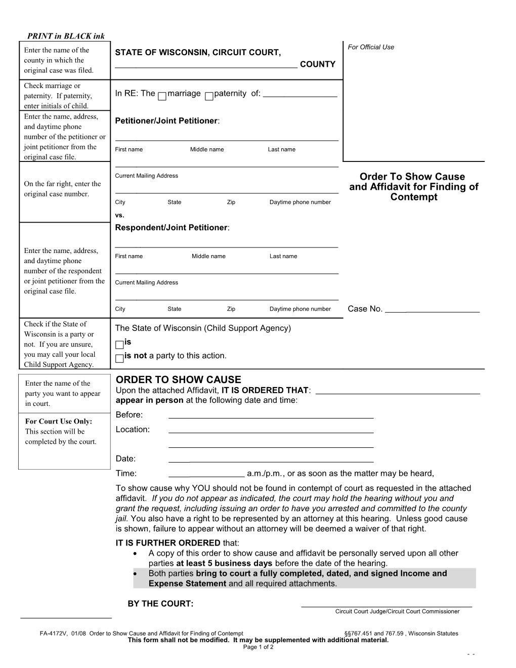 FA-4172: Order to Show Cause and Affidavit for Finding of Contempt