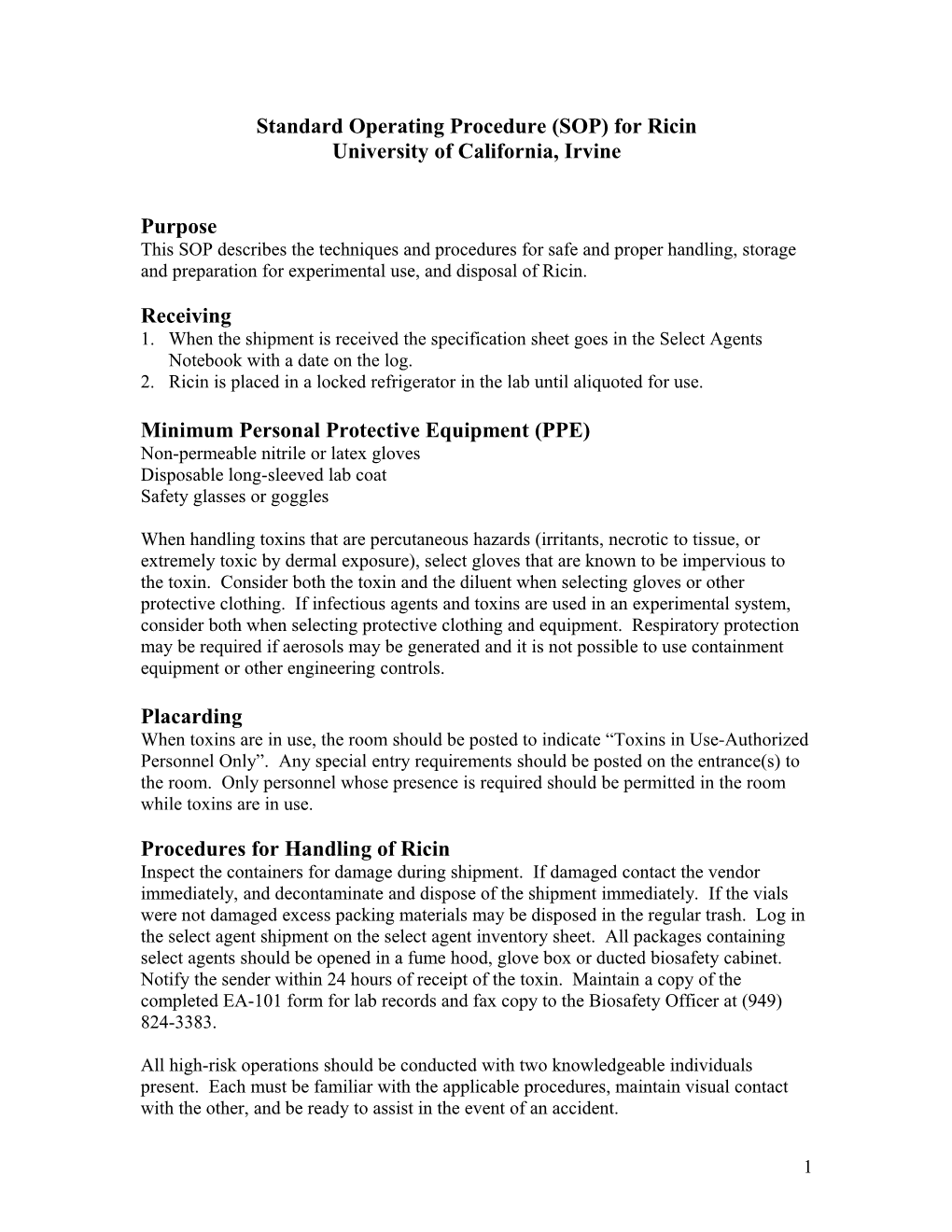 Standard Operating Procedures for Select Agents s1