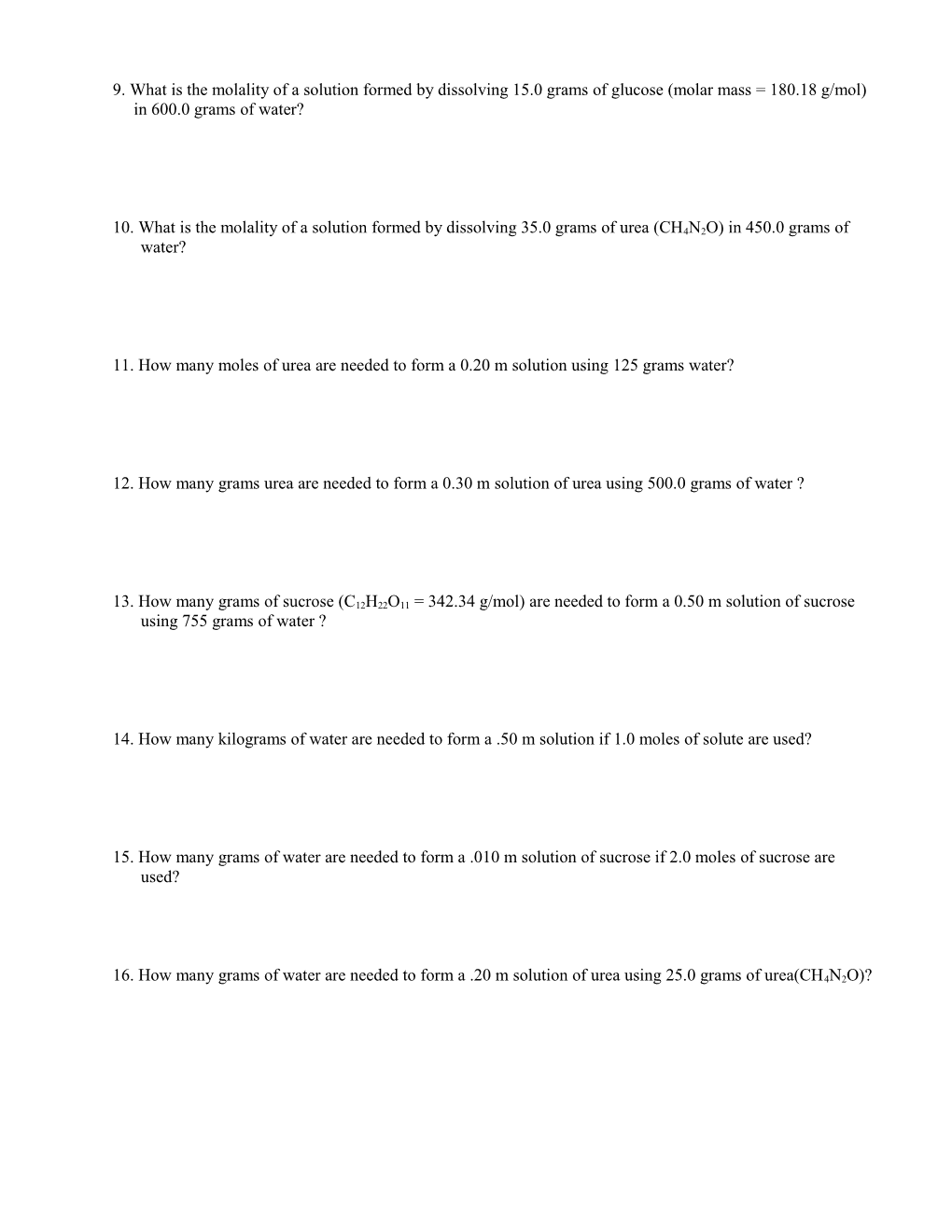 Worksheet : Molality, Molarity and Percent Problems Date