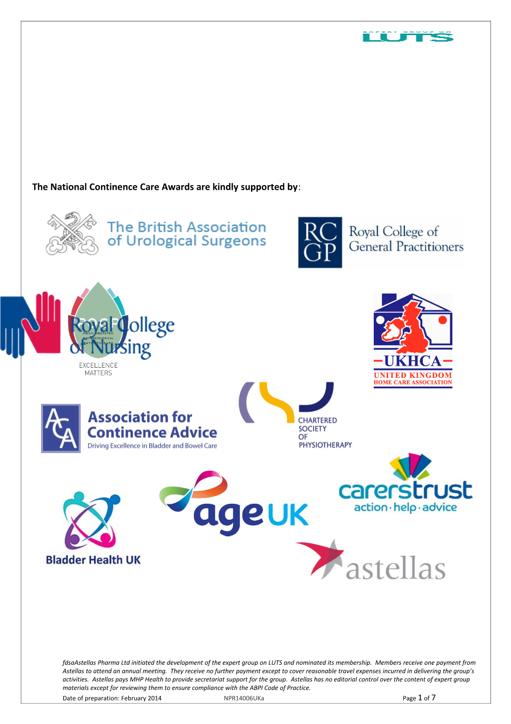 The National Continence Care Awards Are Kindly Supported by