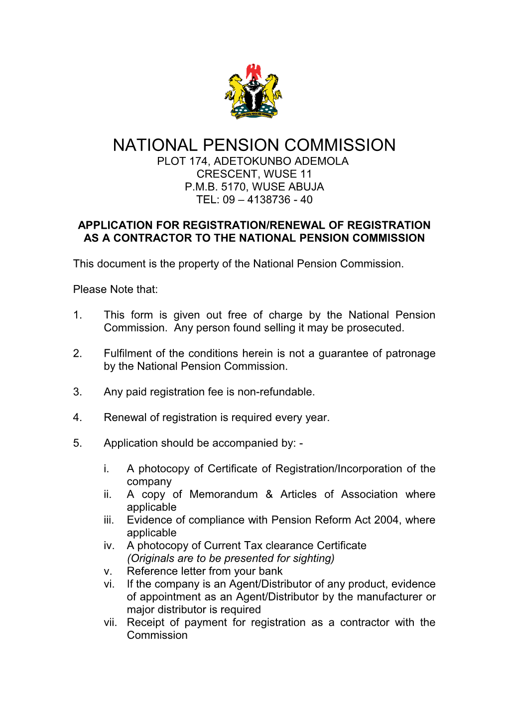 Application Form for Registration / Renewal of Registration As a Contractor to the National