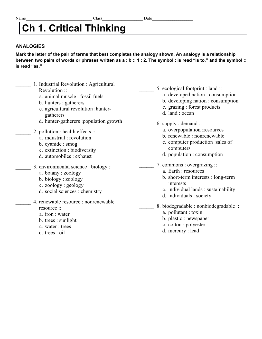 Ch 1. Critical Thinking