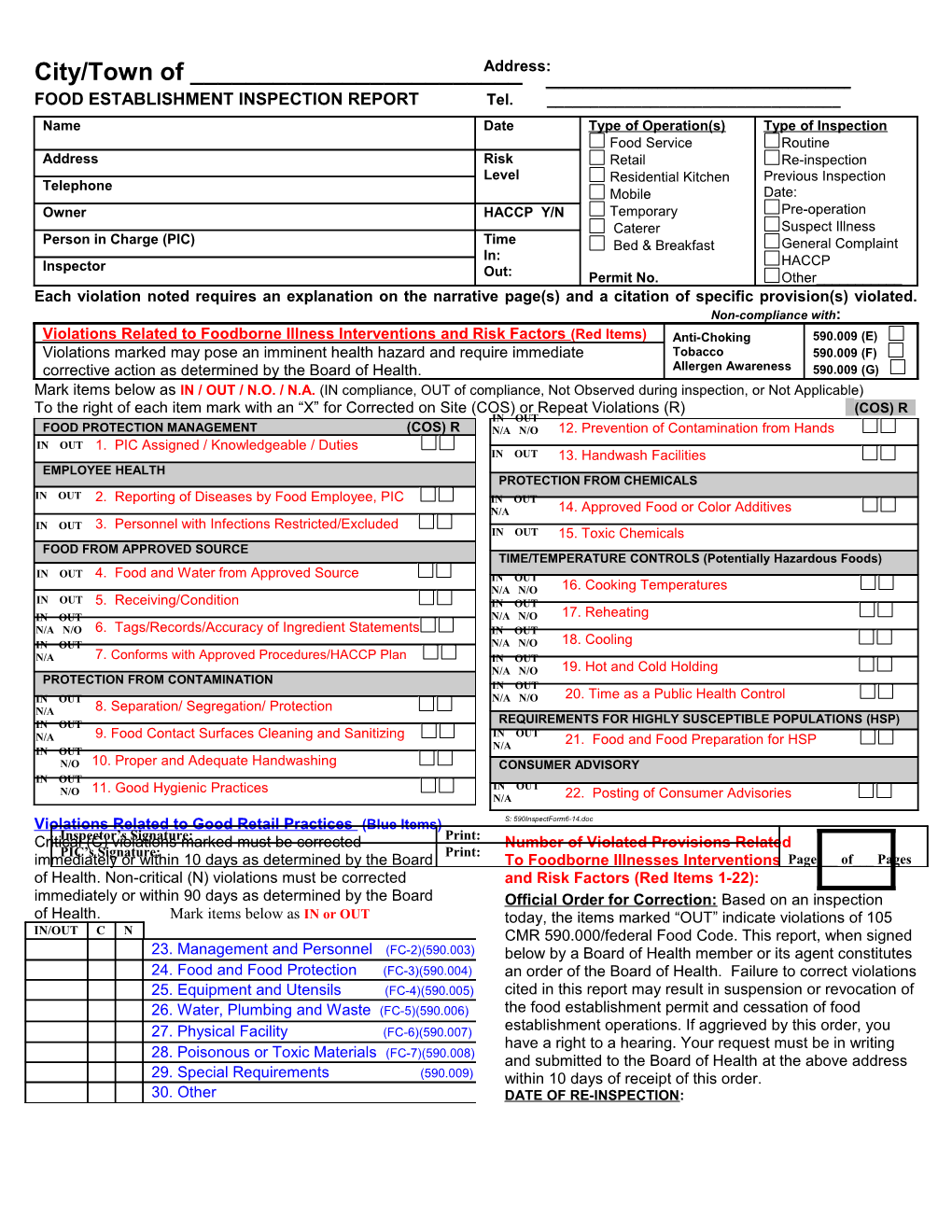 Food Establishement Inspection Report