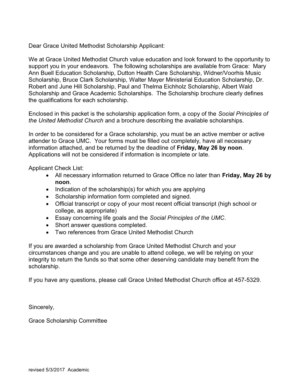 Academic Scholarship Application Grace United Methodist Church, Kokomo, Indiana
