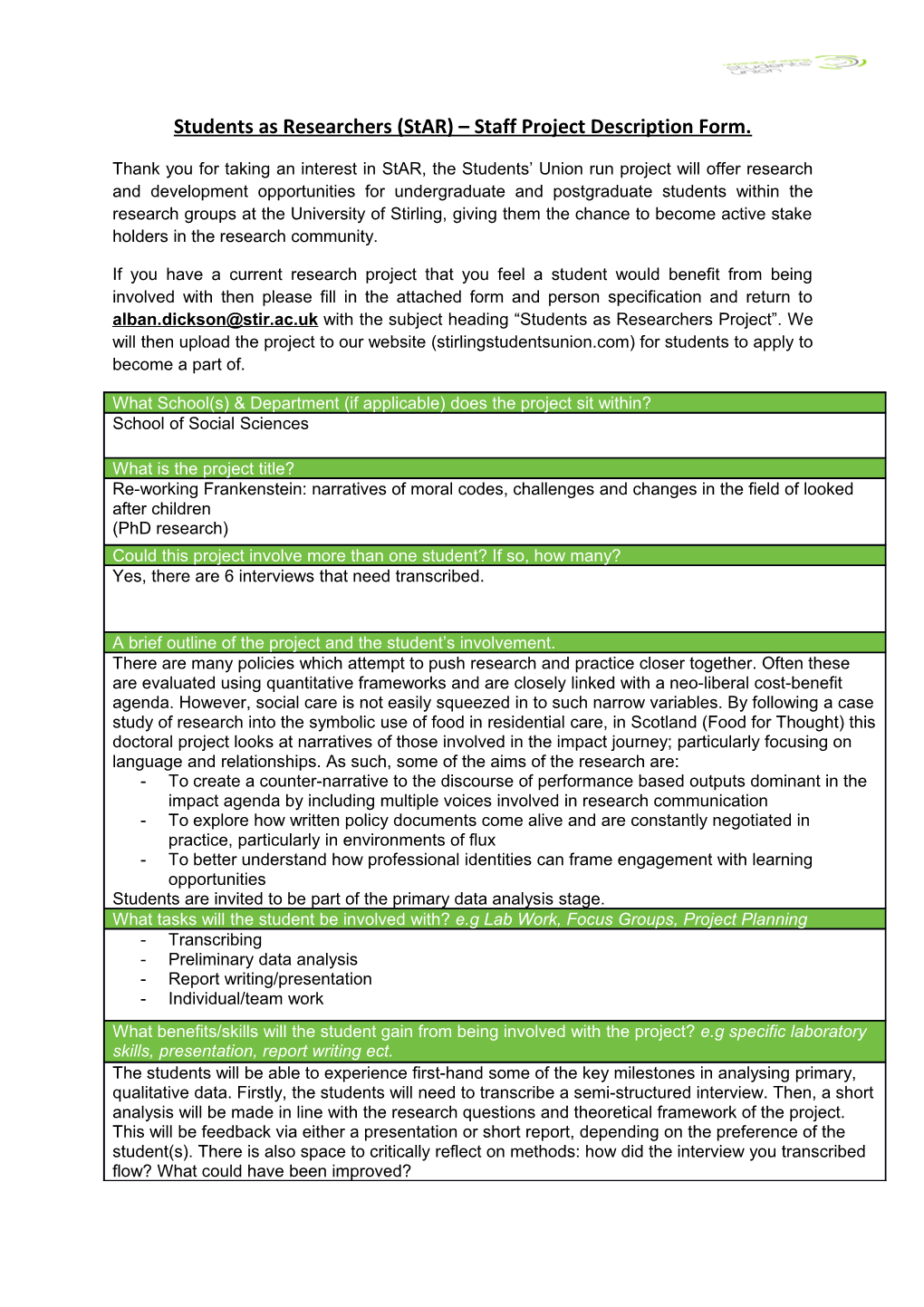 Students As Researchers (Star) Staff Project Description Form