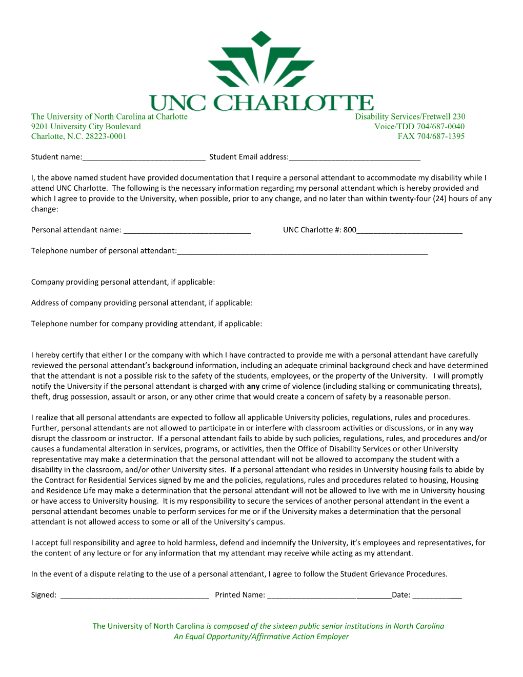The University of North Carolina at Charlotte Disability Services/Fretwell 230
