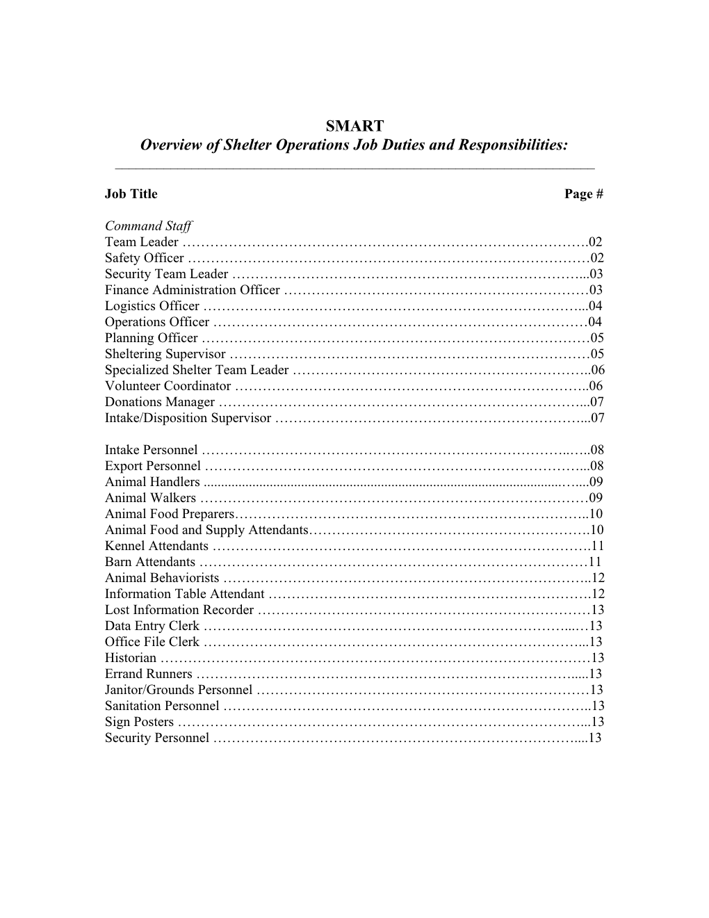 Overview of Shelter Operations Job Duties and Responsibilities