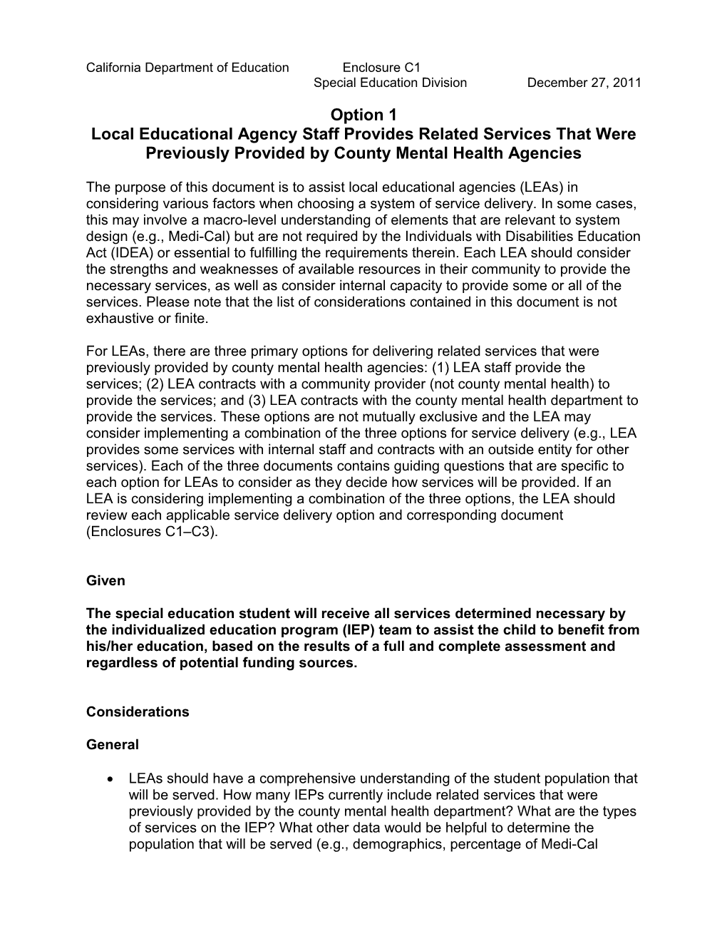 Option One - Announcements & Current Issues (CA Dept of Education)
