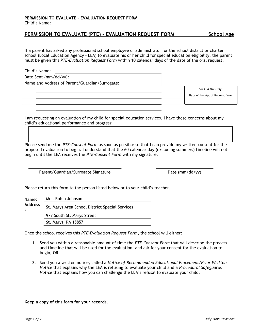 Permission to Evaluate (Pte) Evaluation Request Form