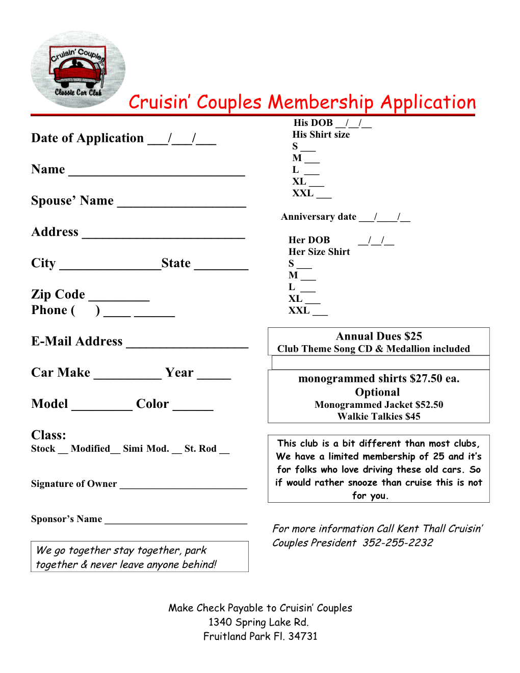 Cruisin Couples Membership Application