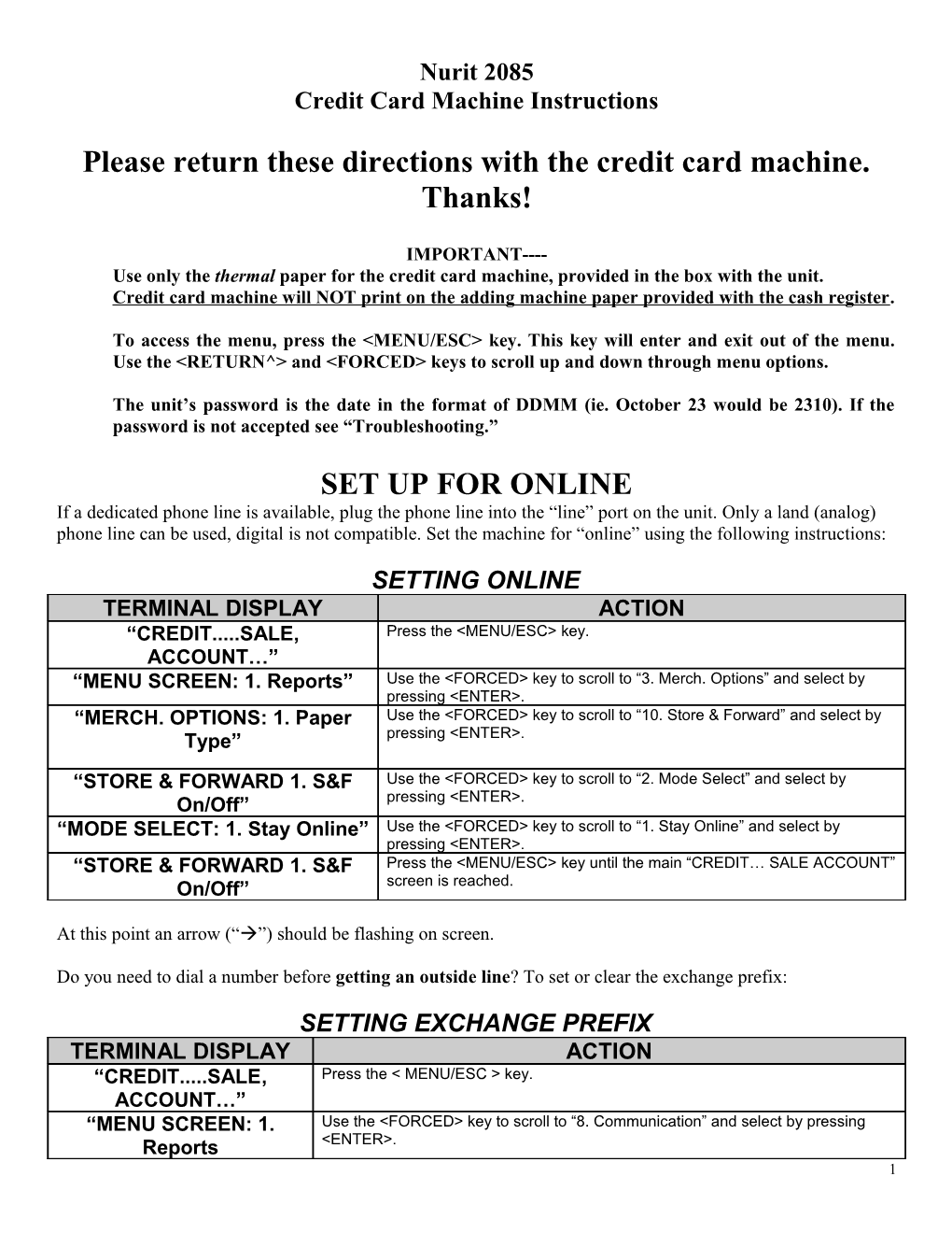 Nurit 2085 Credit Card Machine Instructions