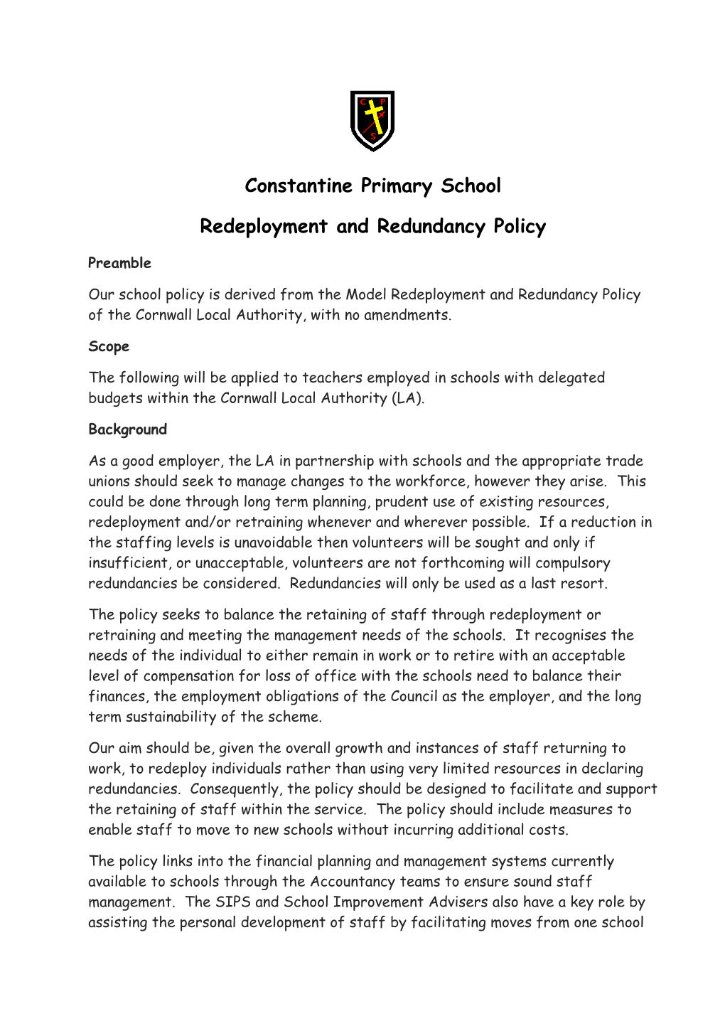 Constantine School Redeployment and Redundancy Policy