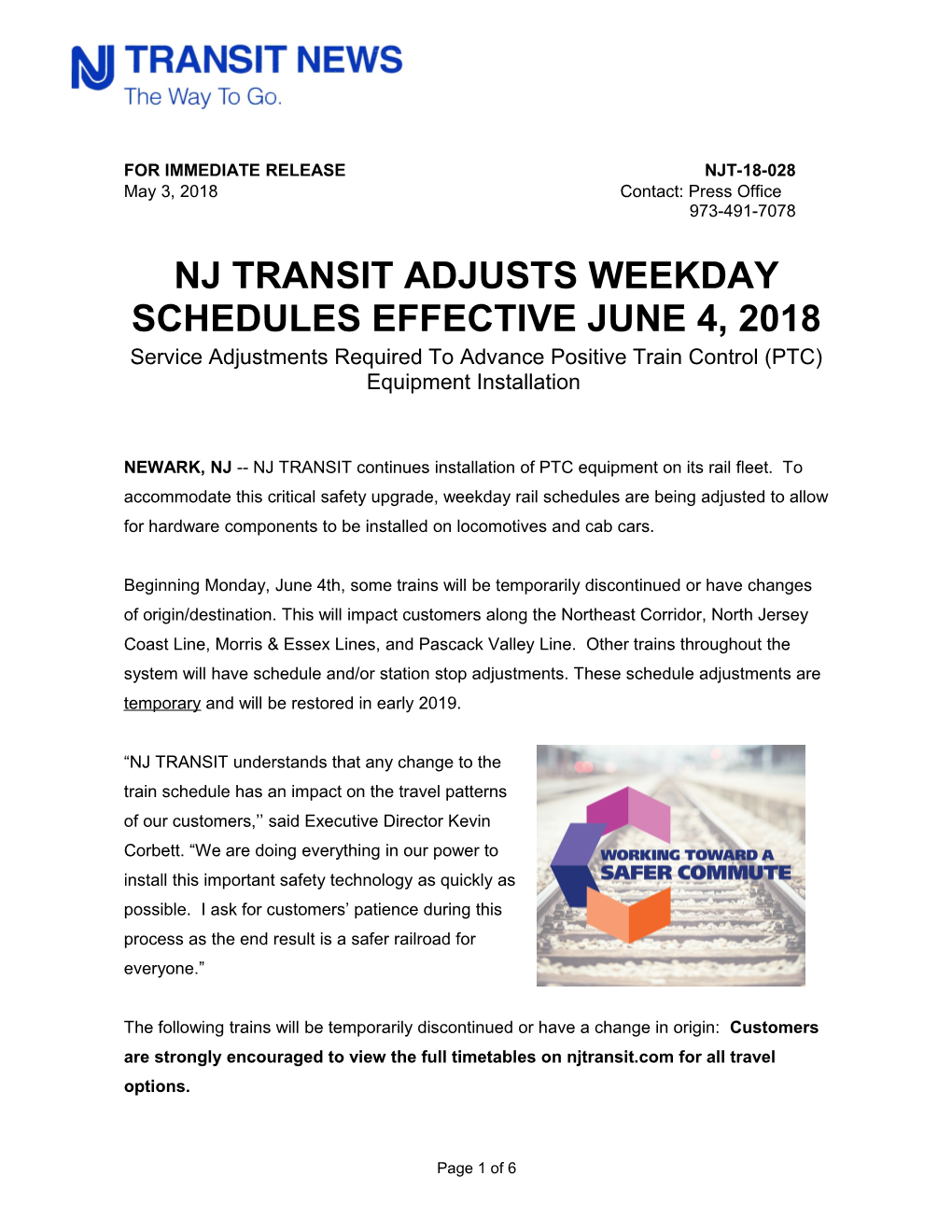 Nj Transit Adjusts Weekday Schedules Effective June 4, 2018