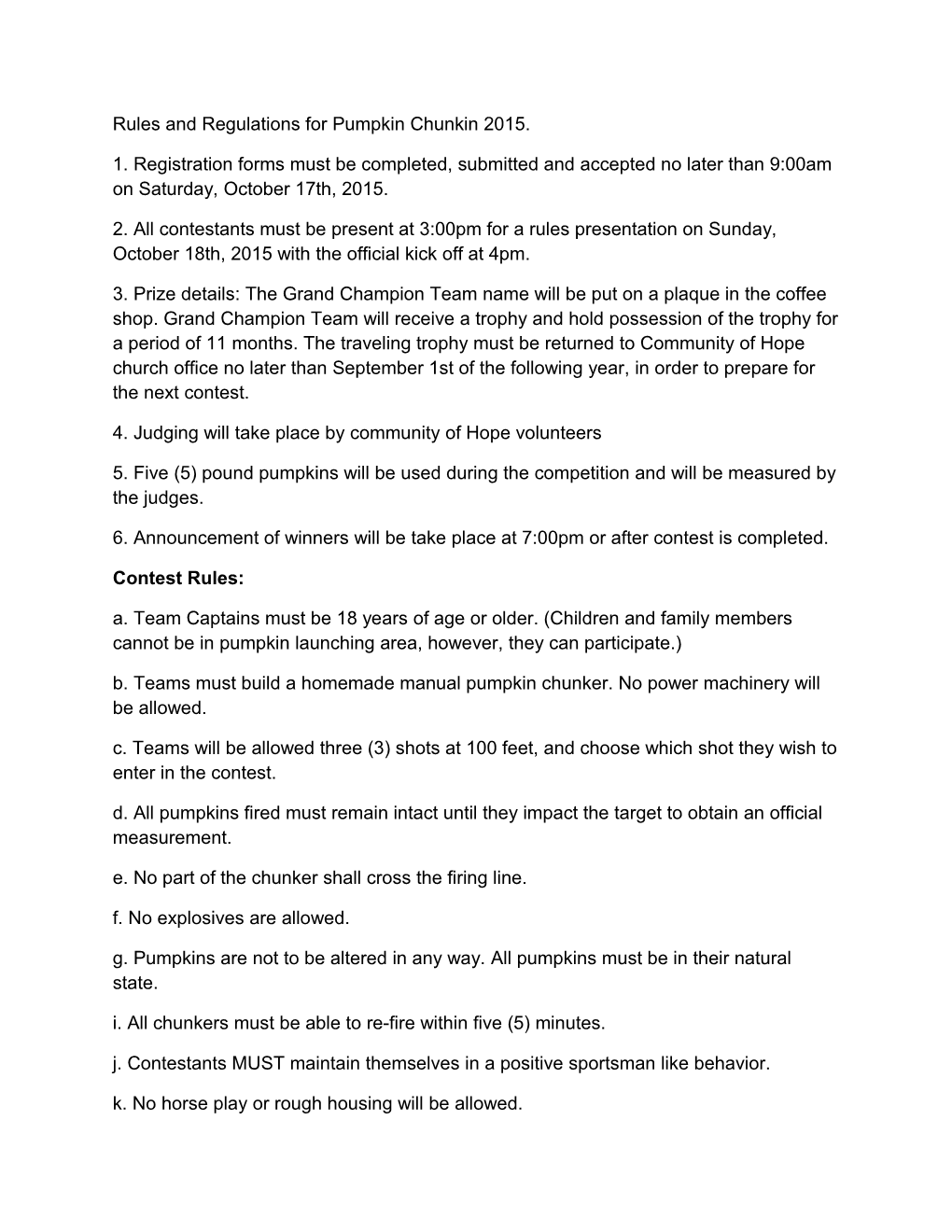 Rules and Regulations for Pumpkin Chunkin 2015