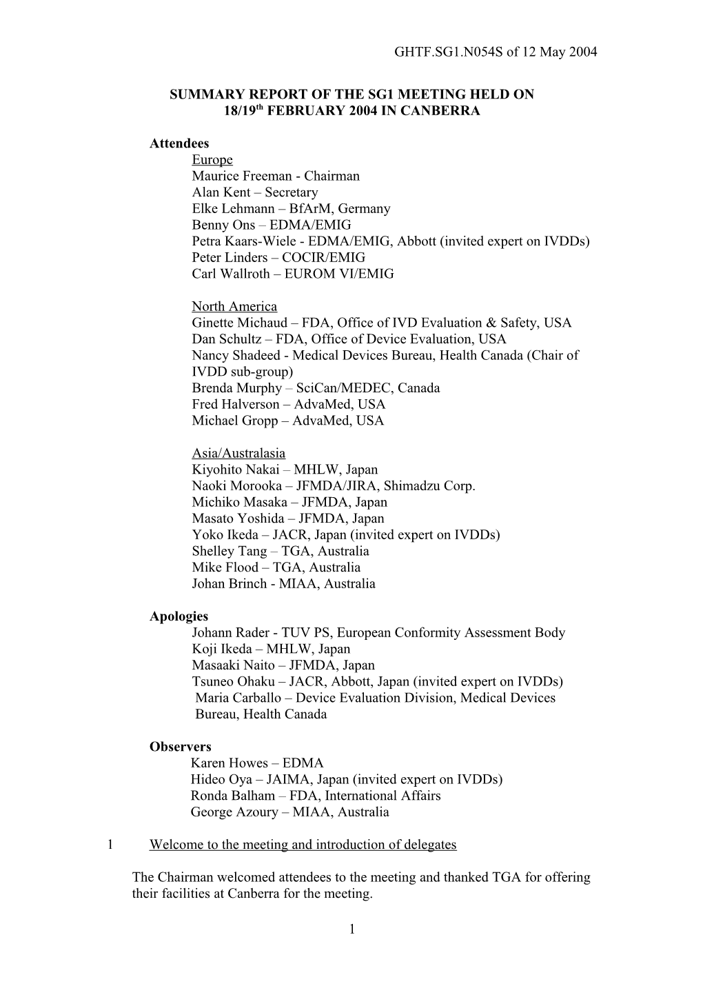 GHTF SG1 Meeting Minutes - February 2004