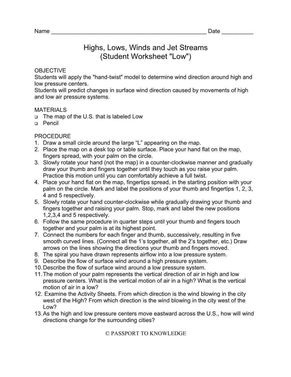 Highs, Lows, Winds and Jet Streams (Student Worksheet Low )