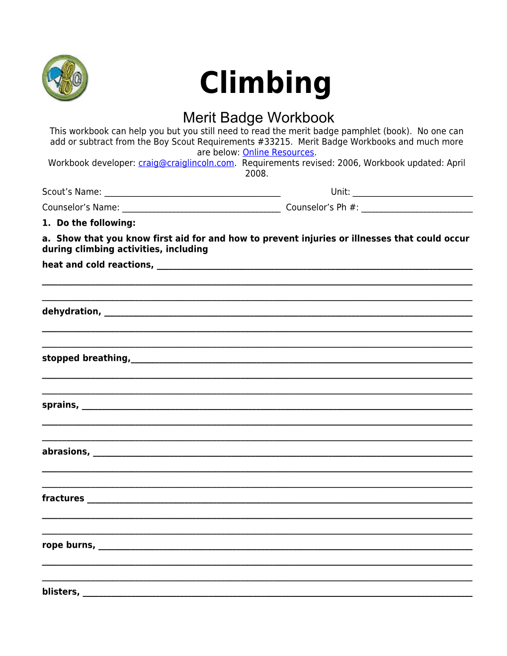 Climbing P. 2 Merit Badge Workbook Scout's Name: ______