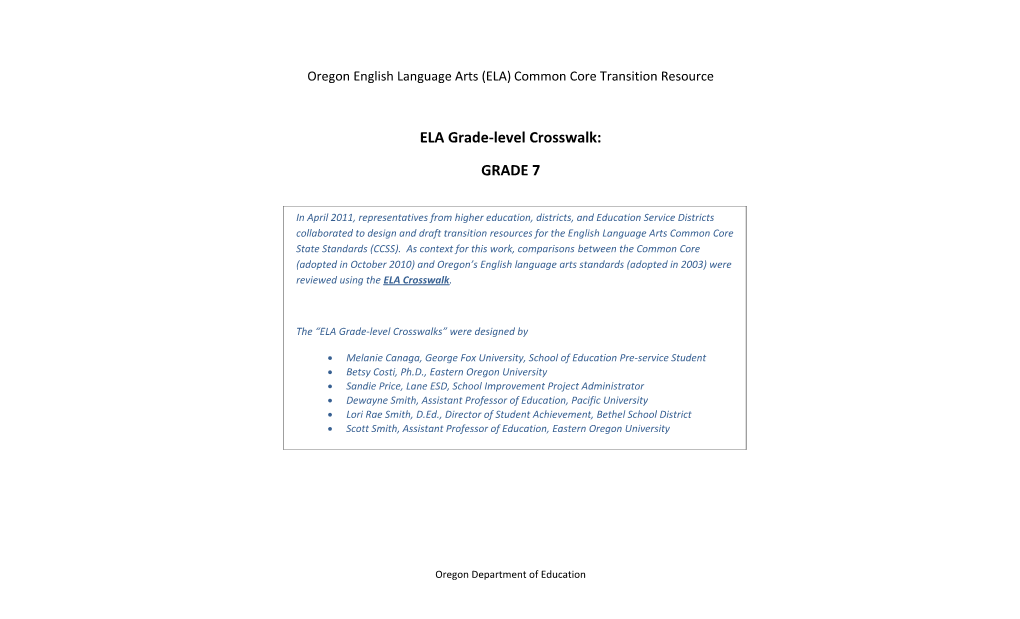 Oregon English Language Arts (ELA) Common Core Transition Resource