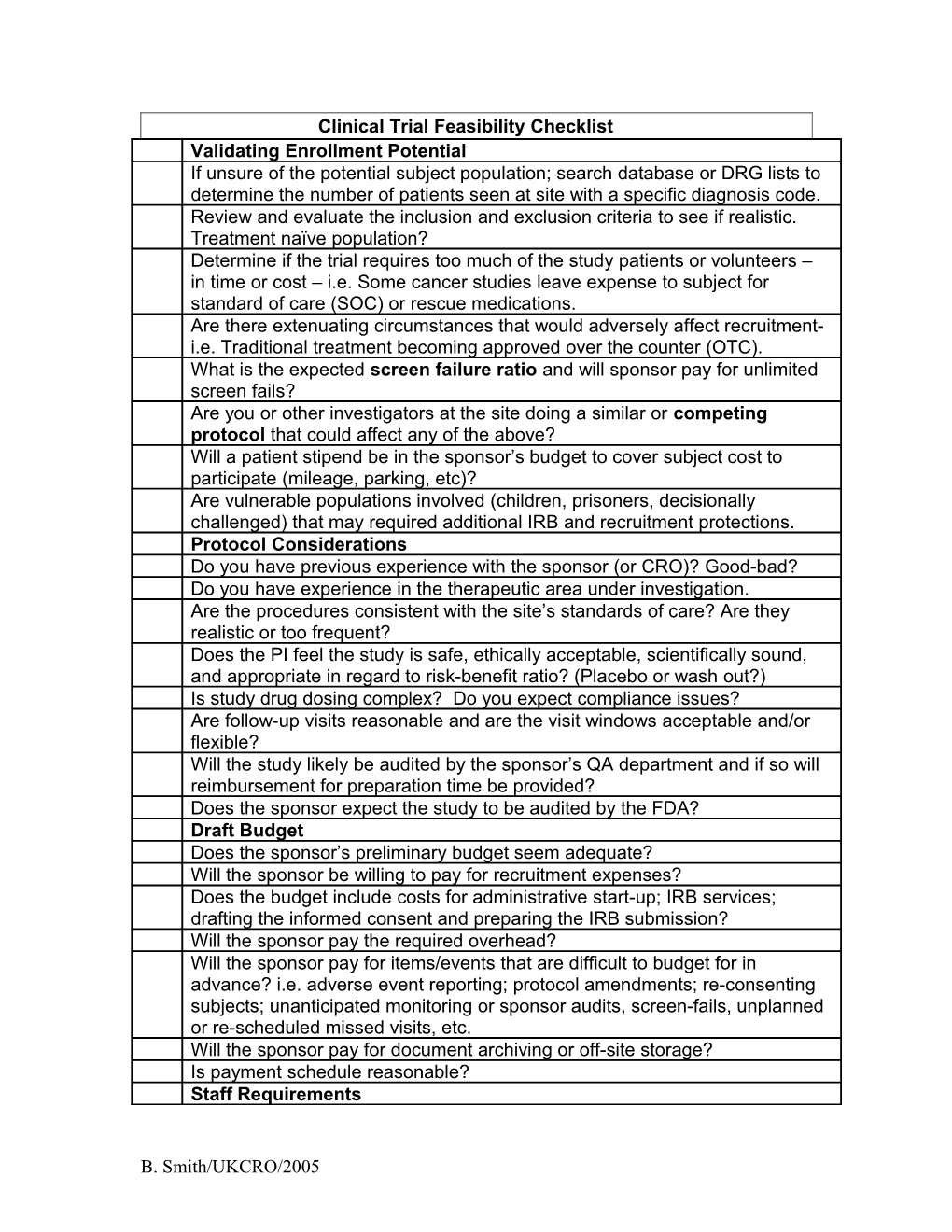 Clinical Trial Feasibility Checklist