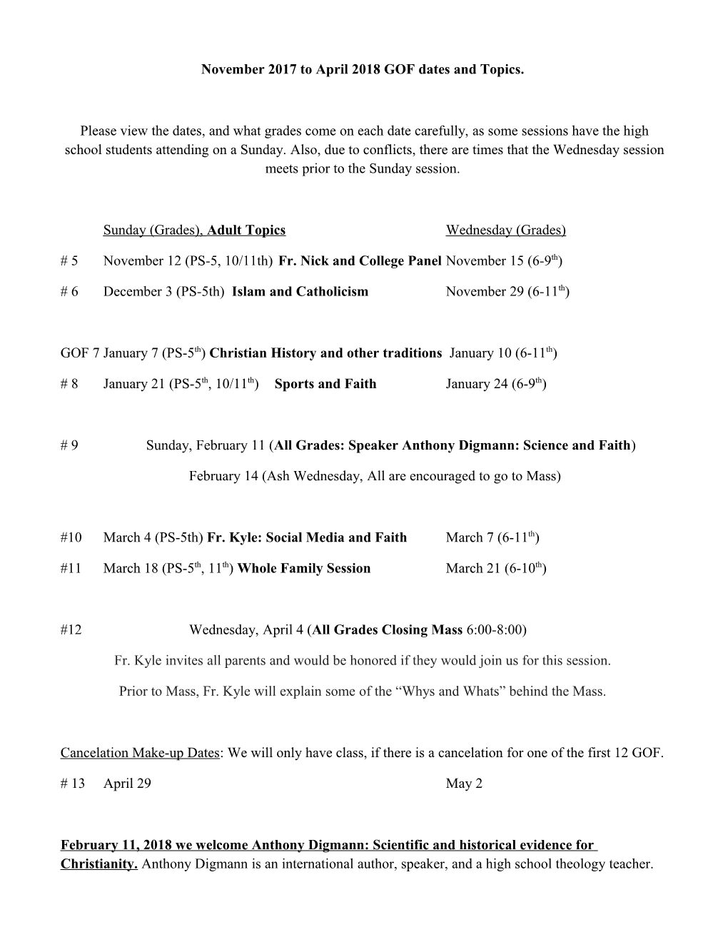 November 2017 to April 2018 GOF Dates and Topics