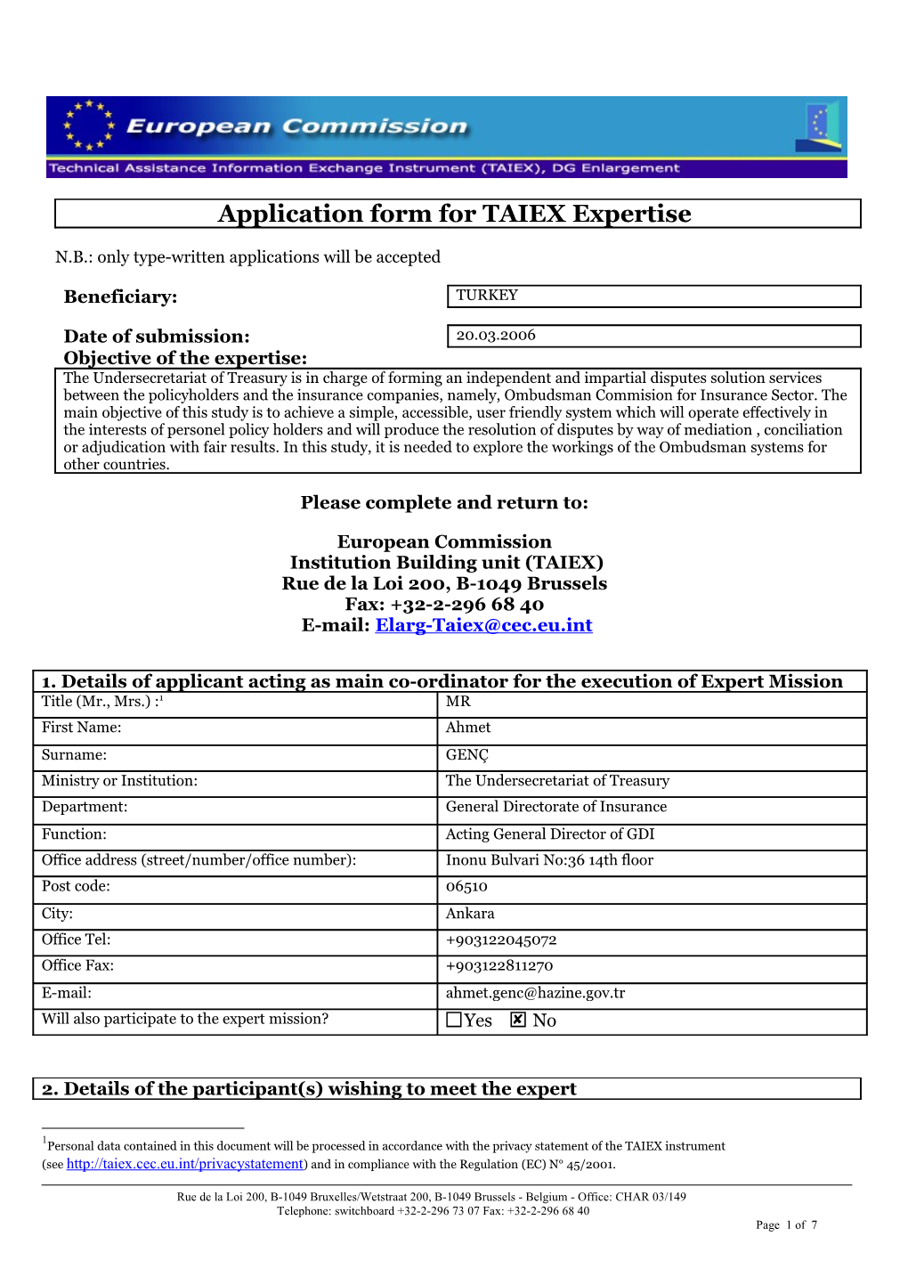 Application Form for TAIEX Expertise