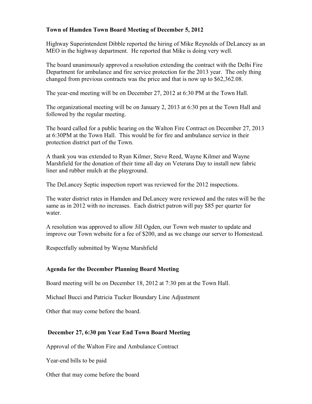 Town of Hamden Town Board Meeting of December 5, 2012