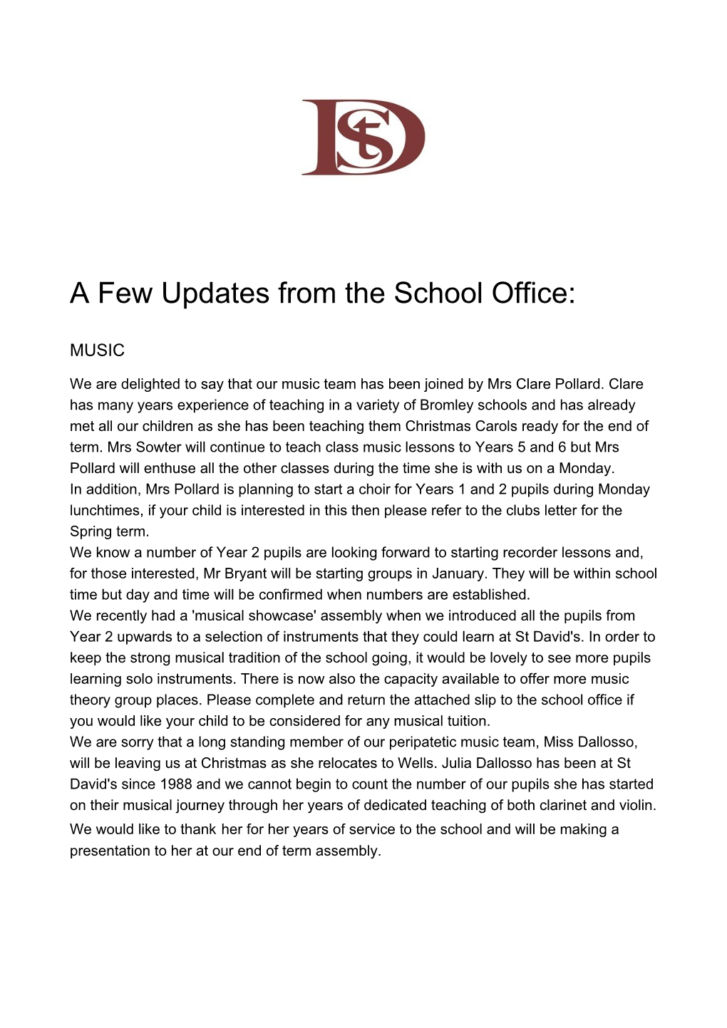 A Few Updates from the School Office