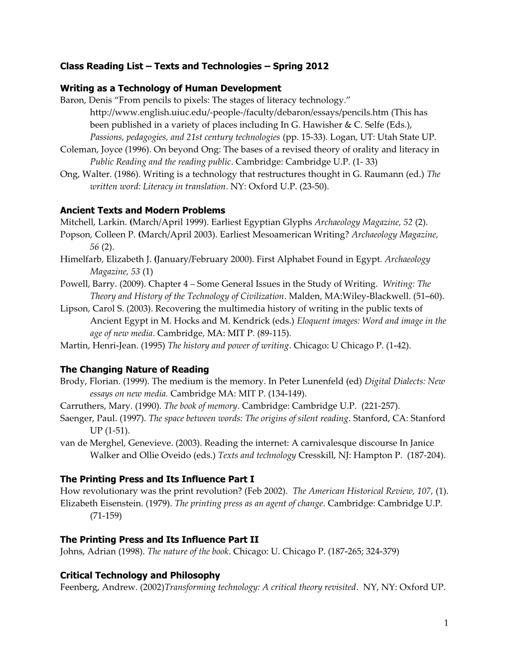 Class Reading List Texts and Technologies Spring 2012