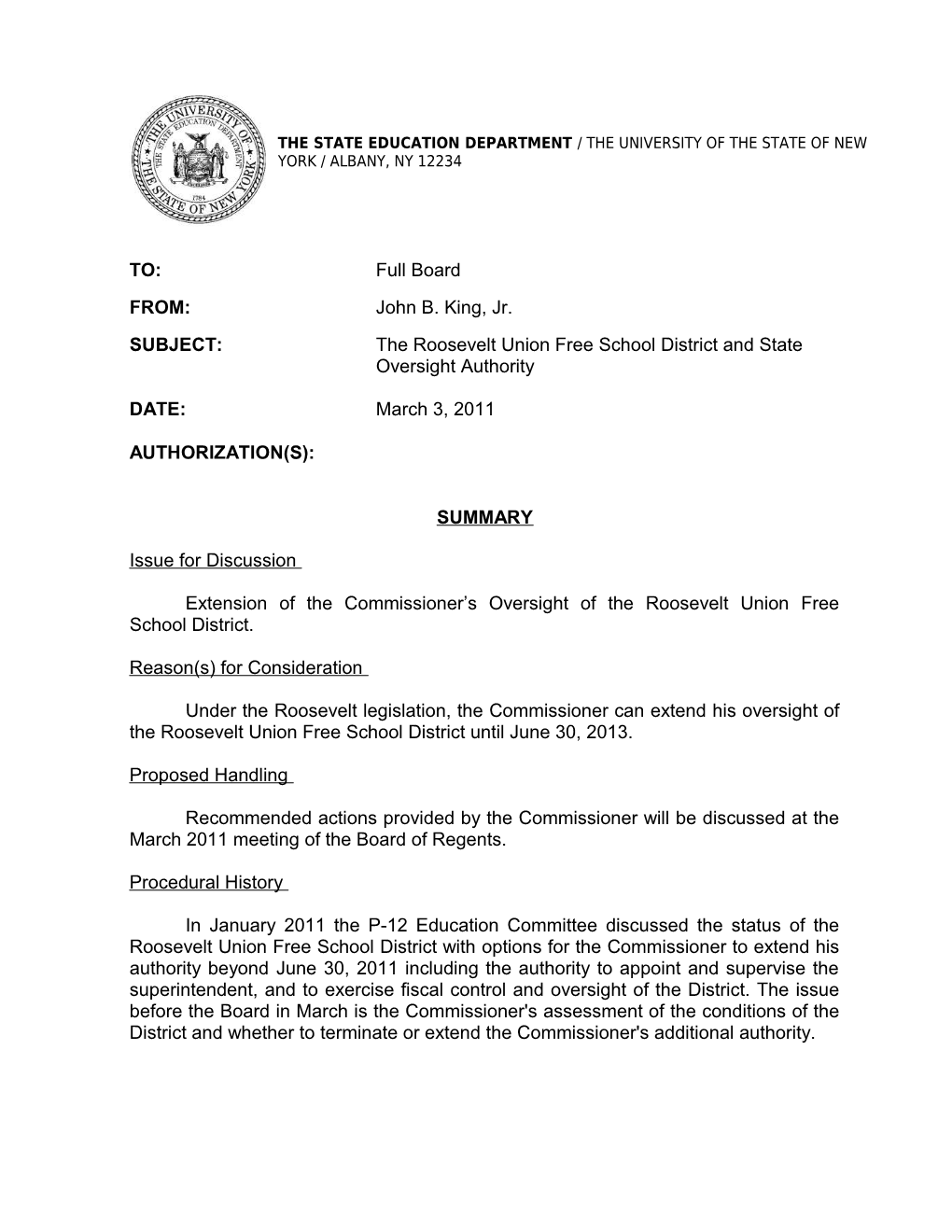 Extension of the Commissioner S Oversight of the Roosevelt Union Free School District