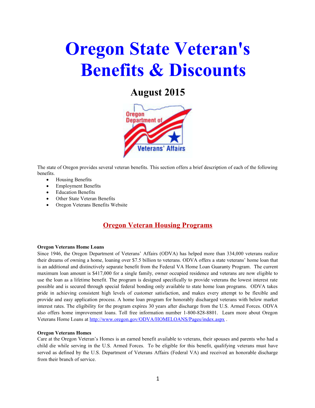 Oregon State Veteran's Benefits & Discounts