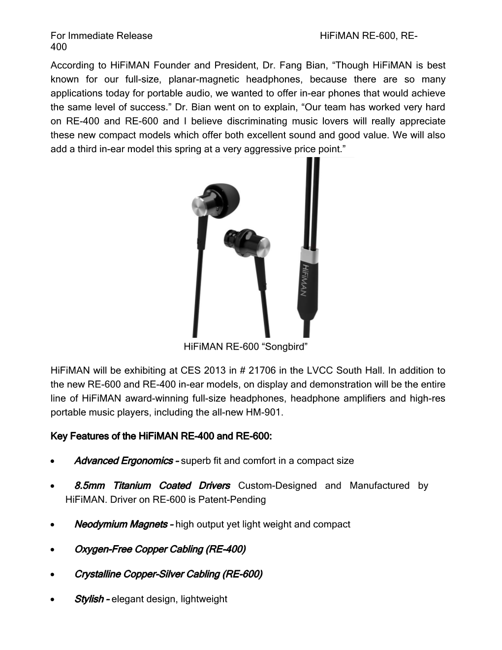 For Immediate Release Hifiman RE-600, RE-400