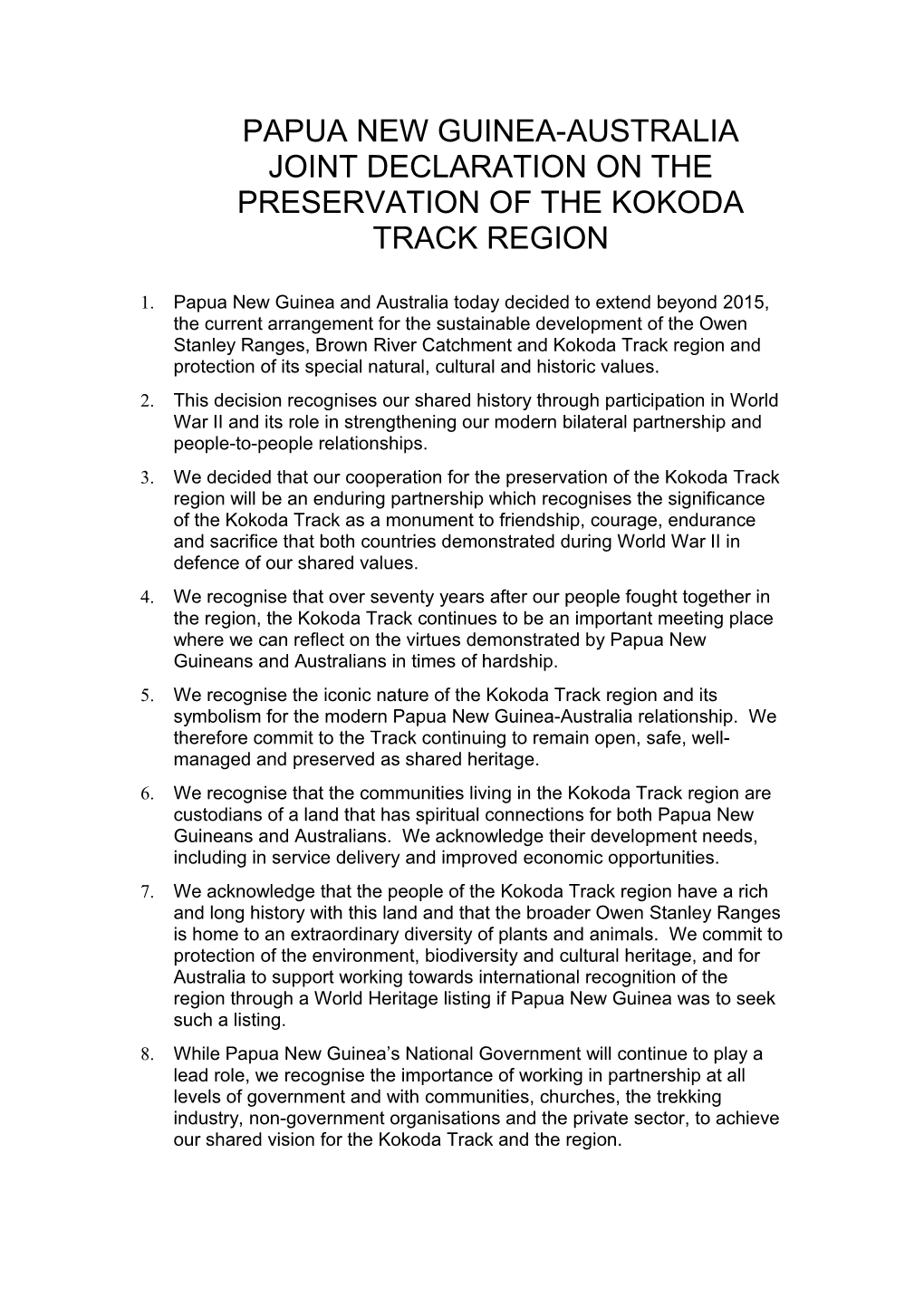 Papua New Guinea-Australia Joint Declaration on the Preservation of the Kokoda Track Region
