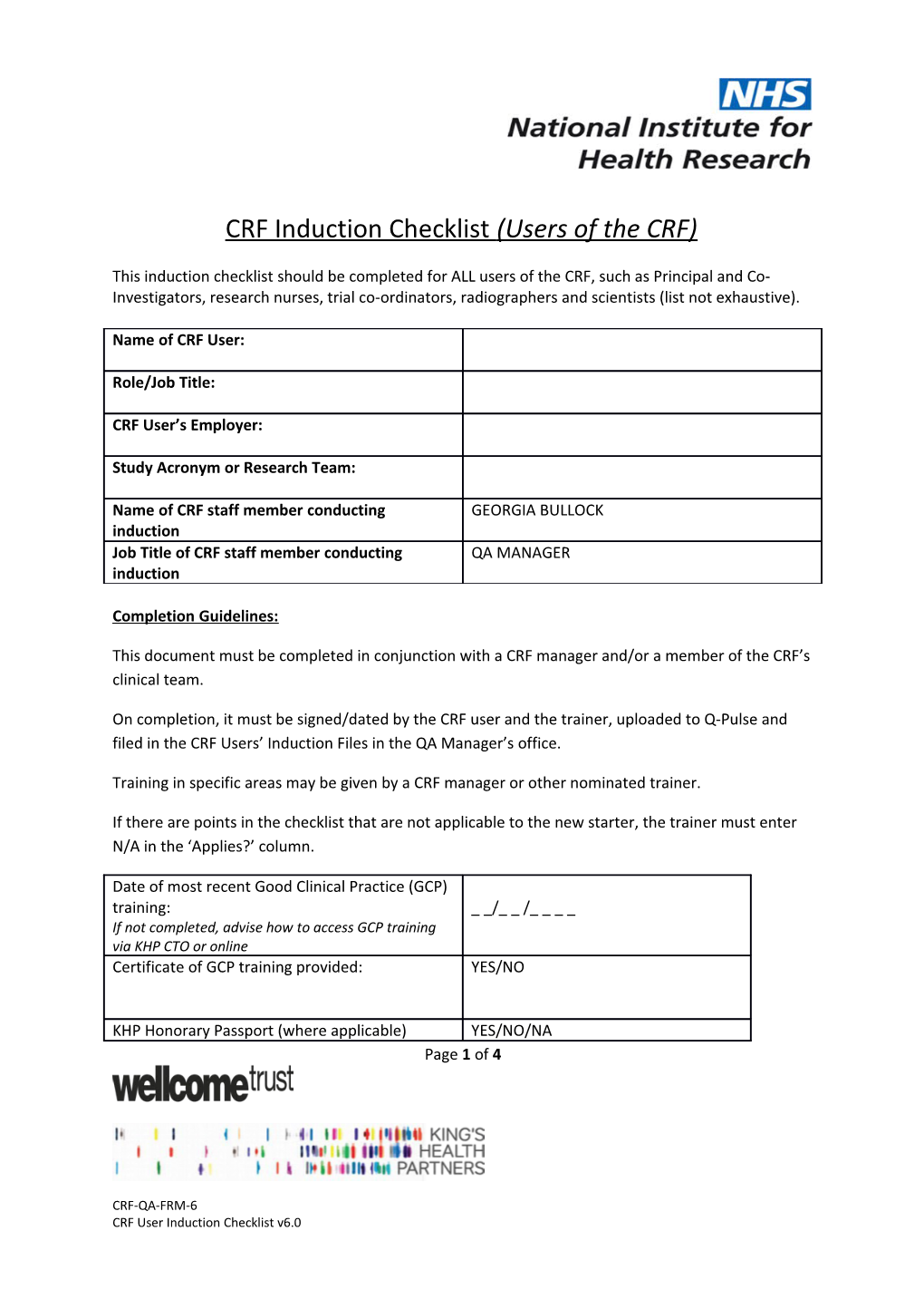 CRF Induction Checklist (Users of the CRF)