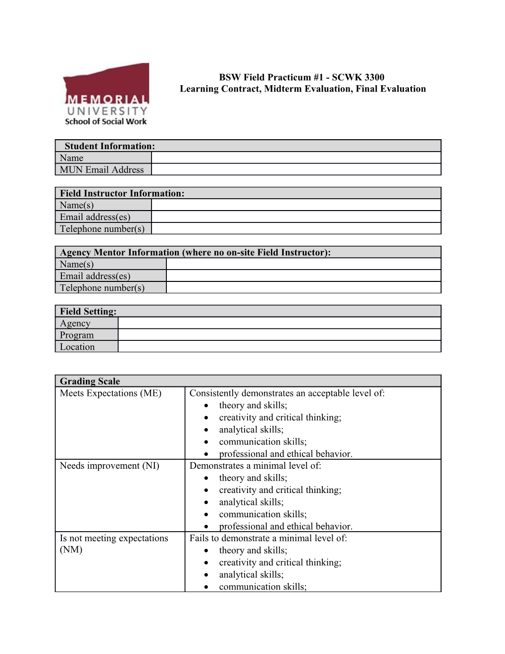 BSW Field Practicum #1 SCWK 3300 Learning Contract & Evaluations Appendix G