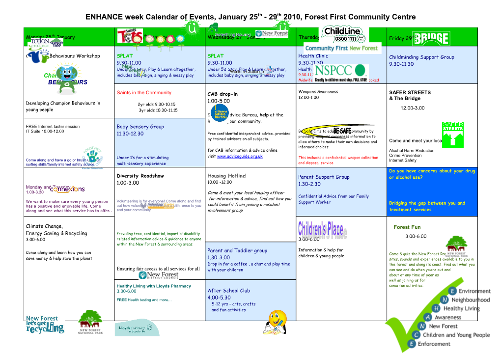ENHANCE Week Calendar of Events, January 25Th - 29Th 2010, Forest First Community Centre