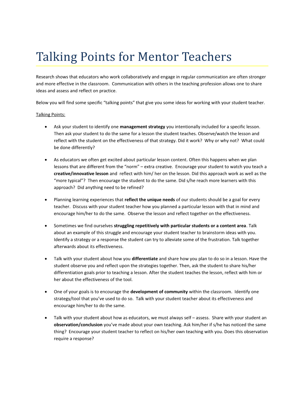 Talking Points for Mentor Teachers