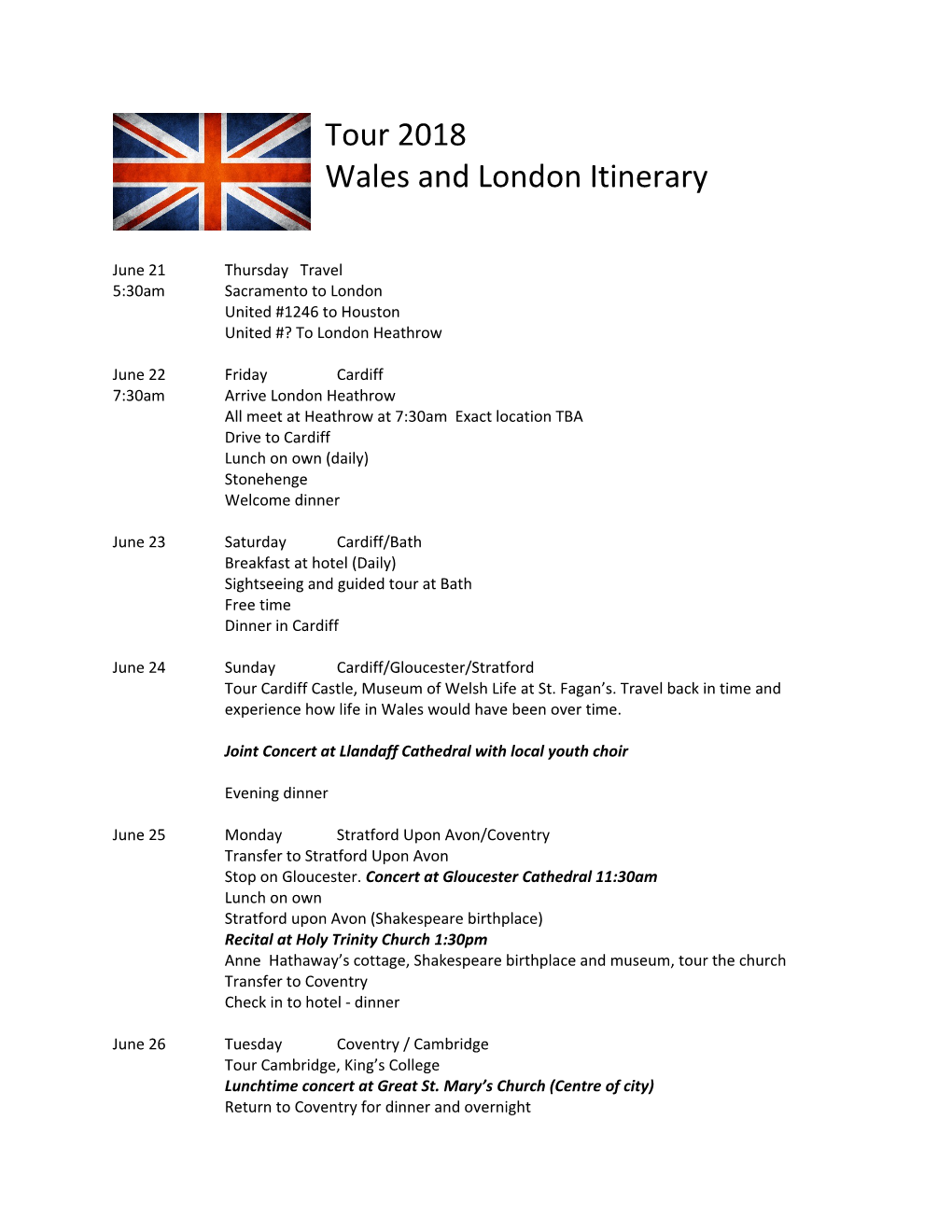 Wales and London Itinerary
