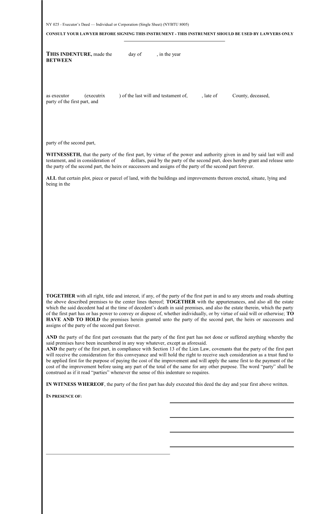 NY 025 - Executor S Deed Individual Or Corporation (Single Sheet) (NYBTU 8005)