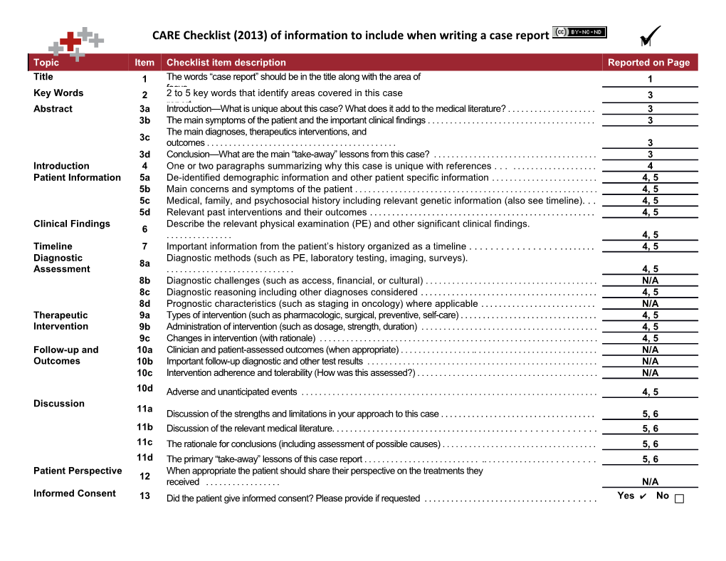 CARE Checklist (2013) of Information to Include When Writing a Case Report