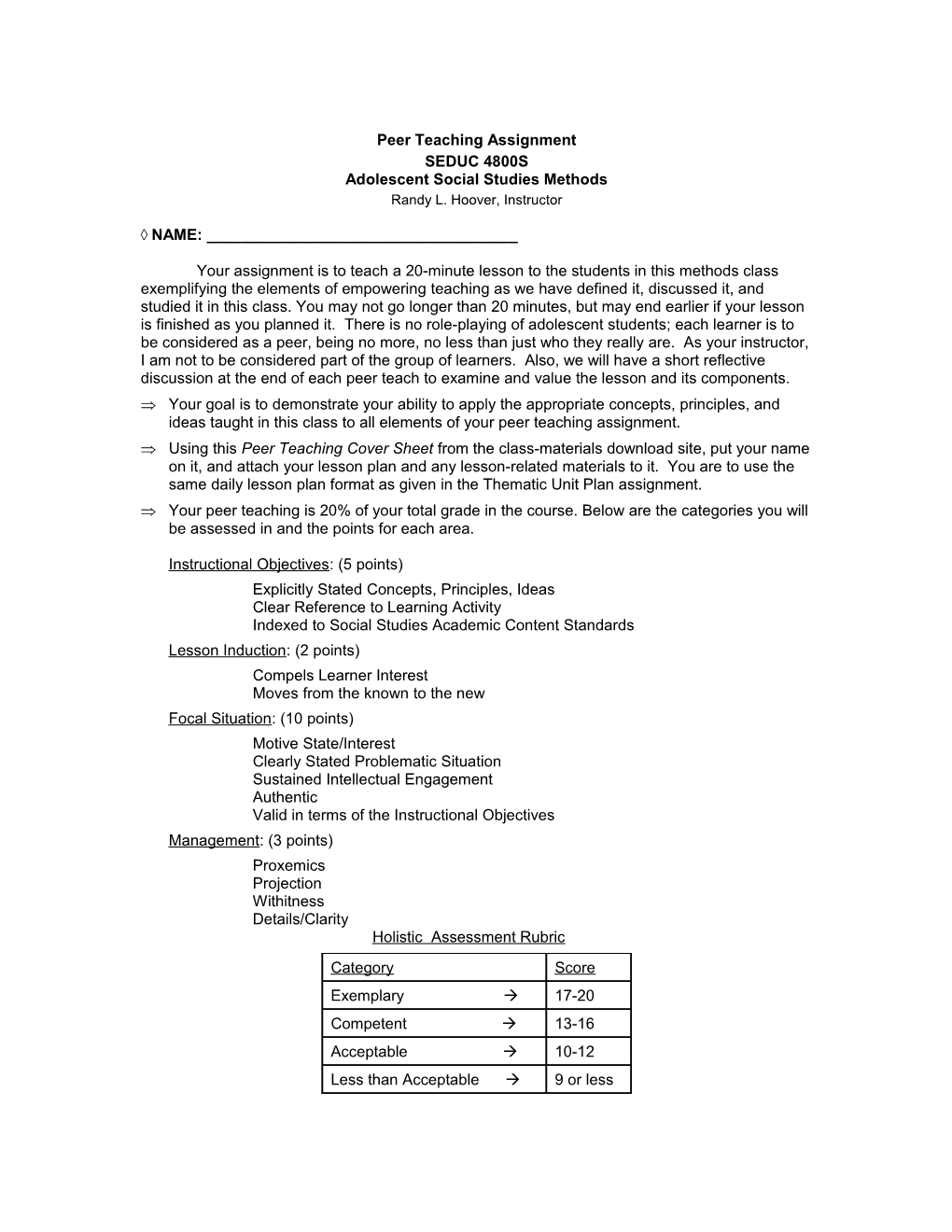 Cover Sheet for Peer Teaching Lesson Plan