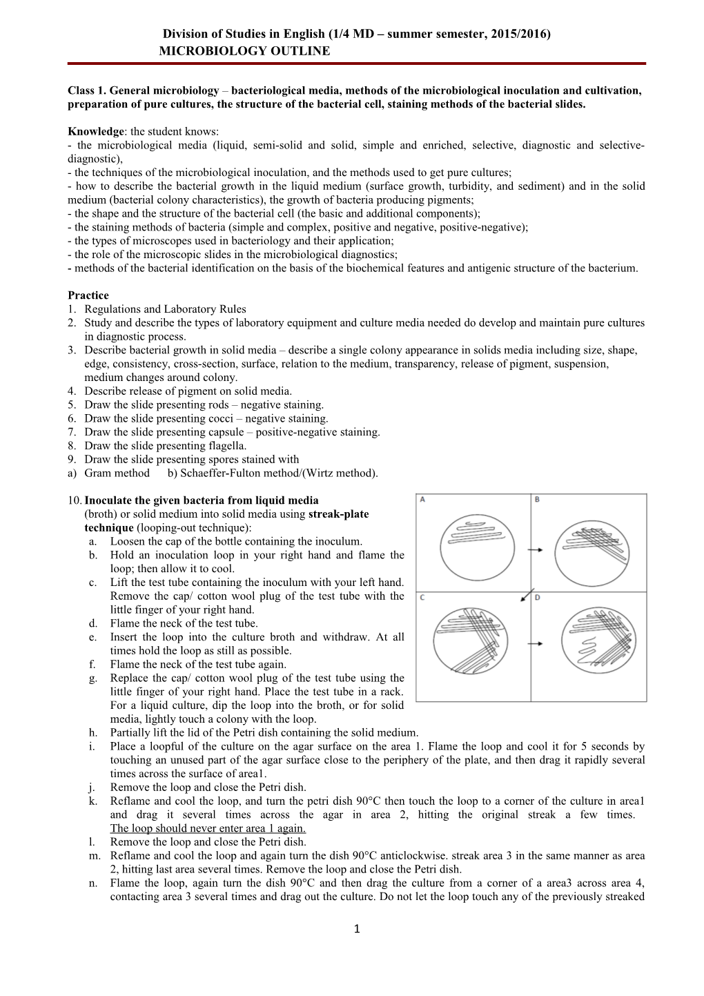 Division of Studies in English MICROBIOLOGY OUTLINE (1/4 MD Summer Semester)