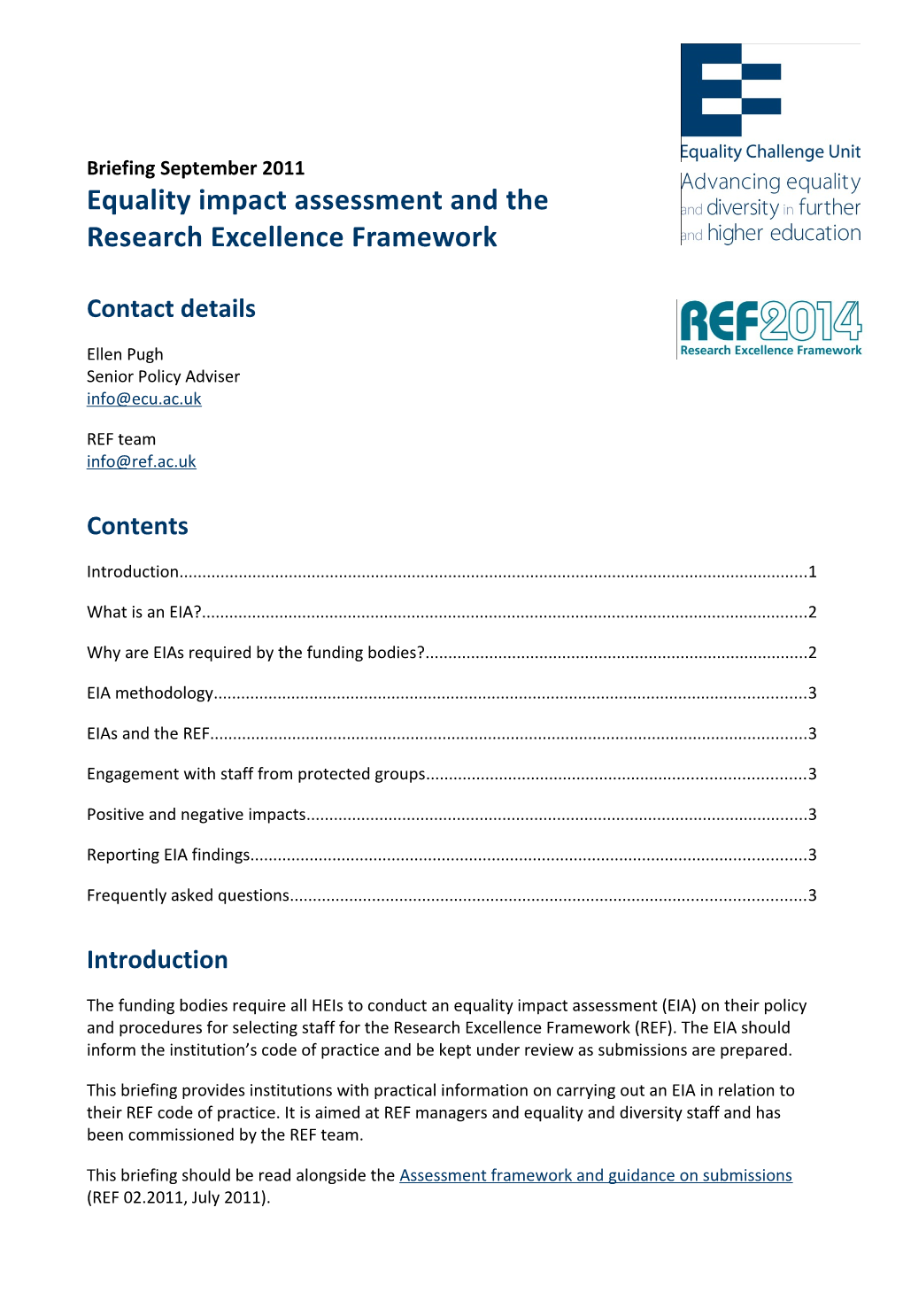 Equality Impact Assessment and the Research Excellence Framework