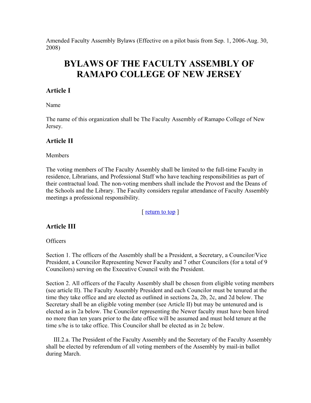Amended Faculty Assembly Bylaws (Effective on a Pilot Basis from Sep