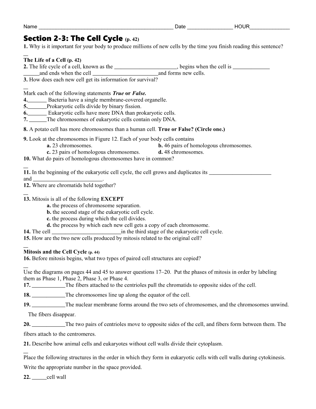 Section 2-3: the Cell Cycle (P. 42)