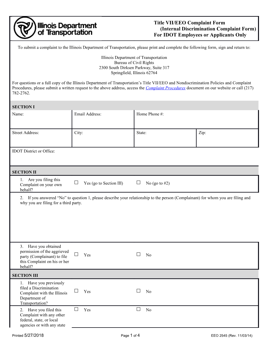 Title VII/EEO Complaint Form (Internal Discrimination Complaint Form) for IDOT Employees