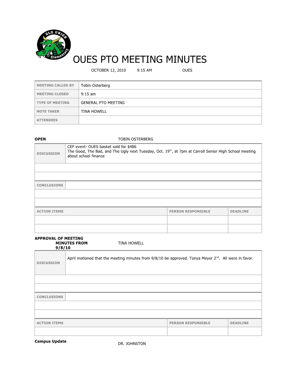 Oues Pto Meeting Minutes